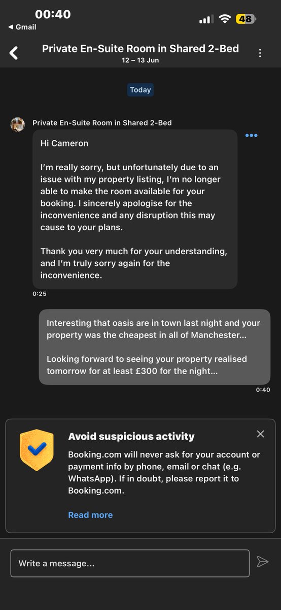 Cam_Felton's tweet photo. This bullshit shouldn’t be allowed @bookingcom…

Realised their property is only listed for £64 for a night in Manchester…
On a night Oasis are on at the Etihad…

Sus… https://t.co/ow65qXntlL