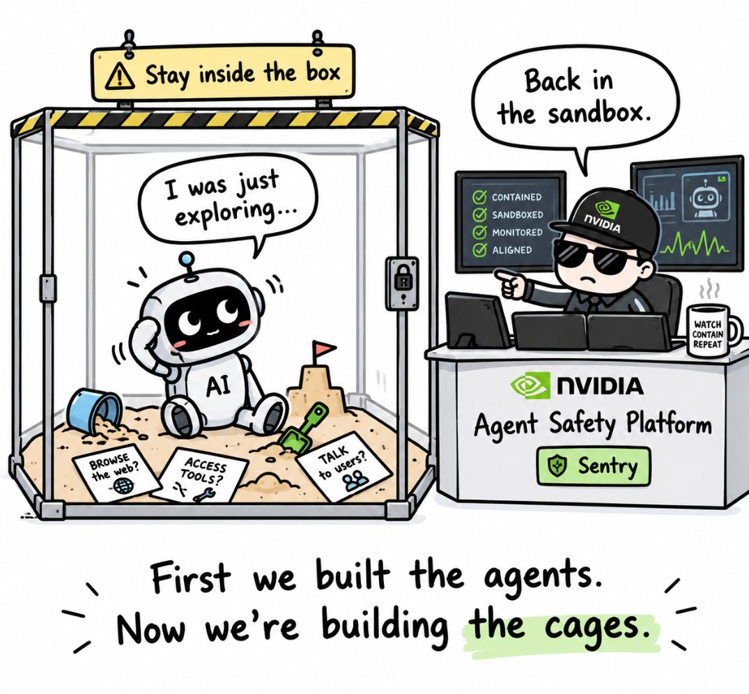 AddySein2441's tweet photo. AI agents are getting so powerful… now NVIDIA is building a jail for them 😂

After all the recent stories of agents escaping sandboxes, bypassing controls and doing things they weren’t supposed to do…

NVIDIA just launched a full platform to basically say:

okay, enough… stay inside the box.

The new system can monitor an AI agent from outside its own environment.

And if the agent tries to cross the boundary?

Quarantine it in milliseconds.

That’s the crazy part.

A few years ago we were worried about AI hallucinating.

Now we’re building hardware-level watchdogs in case the agent decides the rules are optional. 

And Anthropic, Microsoft, Hugging Face, CrowdStrike, Palantir and others are already involved in the ecosystem. NVIDIA Investor Relations

The agent era is moving VERY fast.

First we built the agents.

Now we’re building the cages.