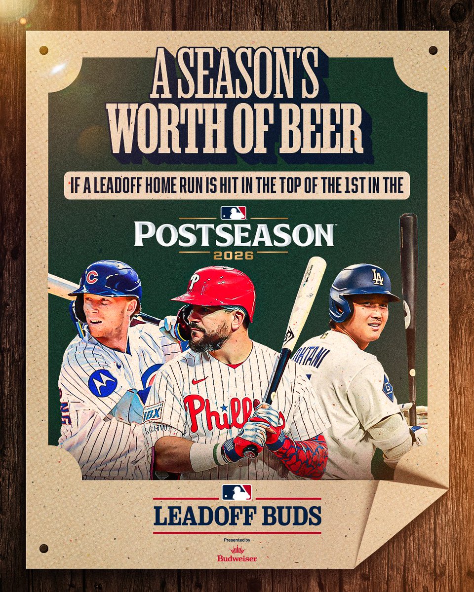 When any leadoff homer is hit in the top of the 1st in the Postseason, fans can reply to our social posts and tag @​budweiserusa with #LeadoffBud for a chance t