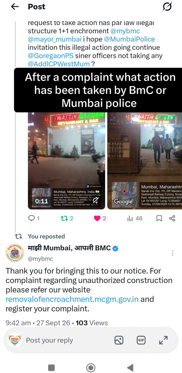 S0cialwork33's tweet photo. @CMOMaharashtra @Dev_Fadnavis @DGPmaharashtra @devenbhartips @cpmumbaipolice illegal encroachment going complaint To BMC department not taking action terace space using commercial system without any permission  NOC @ameetsatam @mubaipolice under duration @Goregaonps @addlcpestmum https://t.co/af5Jof18R5