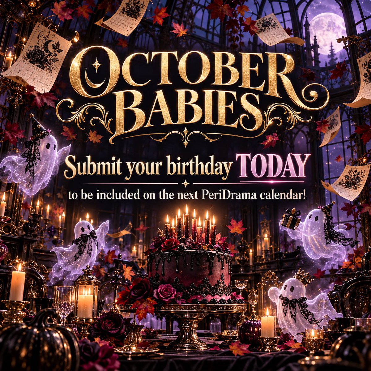 ThePeriGlitch's tweet photo. The ghosts are taking attendance. 👻🎂

October babies, drop your birthday below or DM me TODAY to get on the next PeriDrama birthday calendar! 🕯️🖤 #PERIDRAMA https://t.co/Y9X88mcEDT