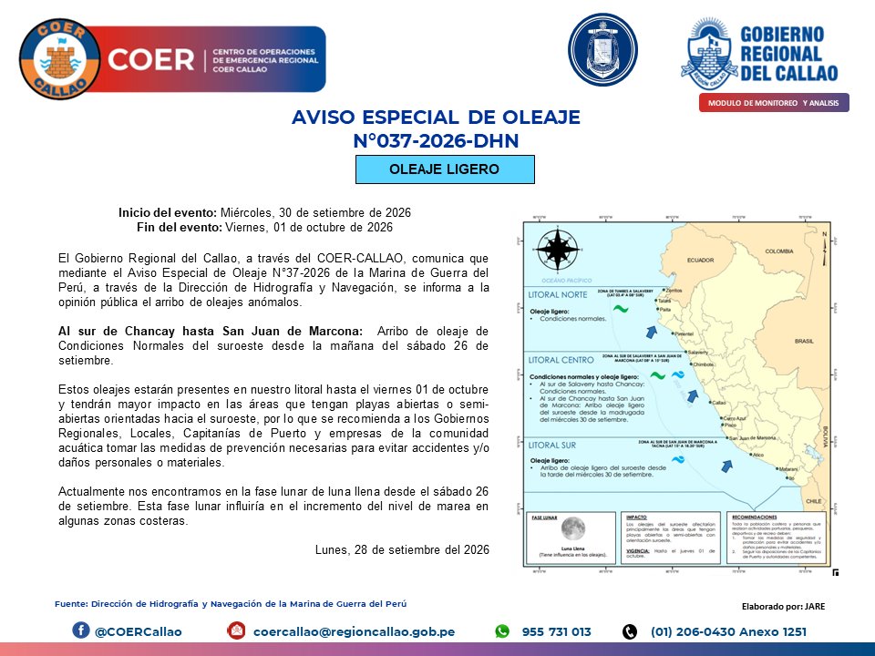 COERCallao's tweet photo. AVISO ESPECIAL DE OLEAJE N°037-2026-DHN 

#Callao #Bellavista #CarmenDelaLeguaReynoso #LaPerla #LaPunta #MiPeru #Ventanilla #GobiernoRegionalDelCallao #COERInforma https://t.co/YKAEwRM3fr
