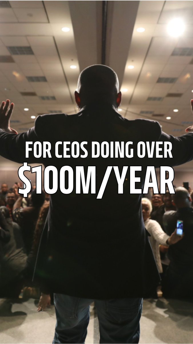 The image shows a bald man in a dark suit standing with arms outstretched before a crowd, overlaid with bold white text reading "FOR CEOS DOING OVER $100M/YEAR." The caption relates directly to the post by visually emphasizing the targeted audience—high-earning CEOs—and the sense of celebration or recognition that comes with reaching that elite financial milestone, reinforcing the post's message about accessing exclusive opportunities and rooms at that level.