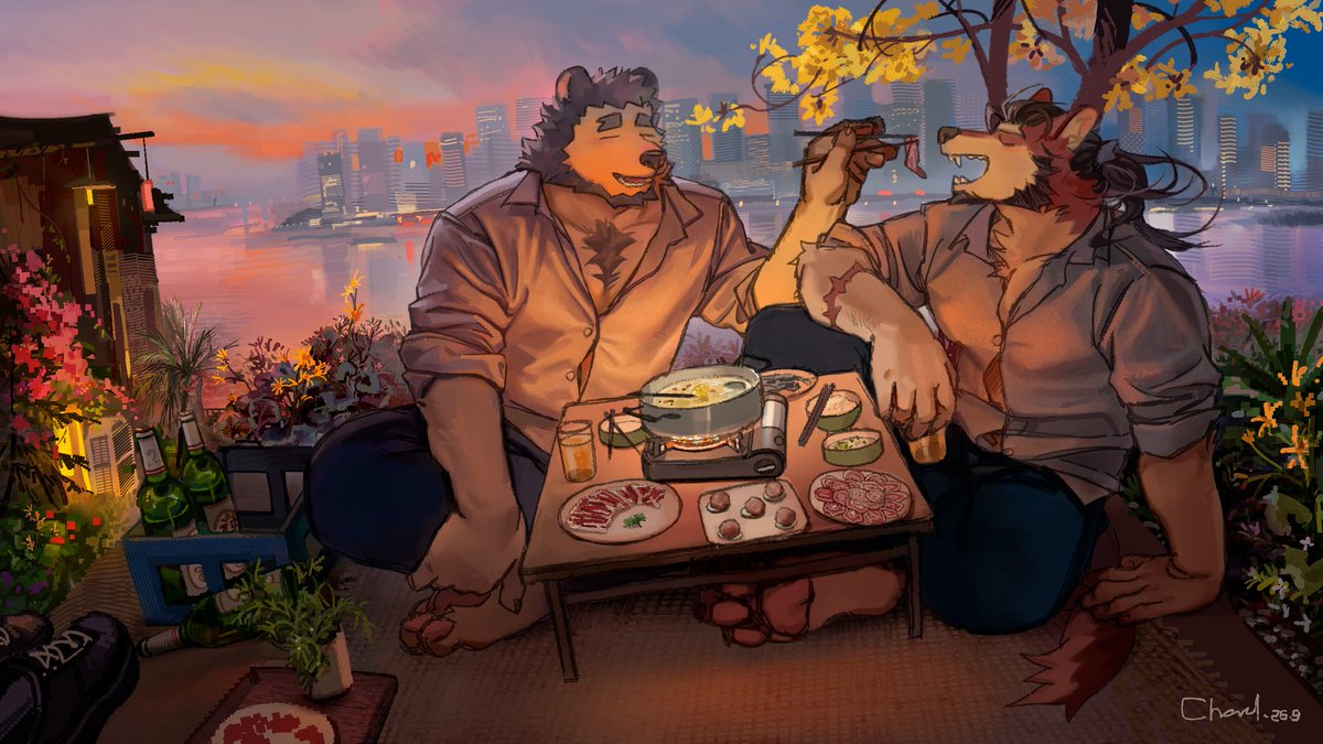 Chad40707850's tweet photo. Hotpot after hours. Two lovers. Dusk of this adorable city. 
commission for @Loui_luyi https://t.co/yGENkmPmRe