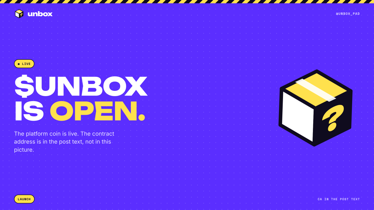 unbox_pad's tweet photo. $UNBOX is open. 📦

The platform coin is live. Boxes are next: every coin launched here stays sealed for 10 minutes — no name, no ticker, no head start — then everyone unboxes together.

CA: N1kCpRuU94iRGRNqe5ZiUqHa9w9kaMWgZ56kpXUpump https://t.co/pQUAzTbCxA