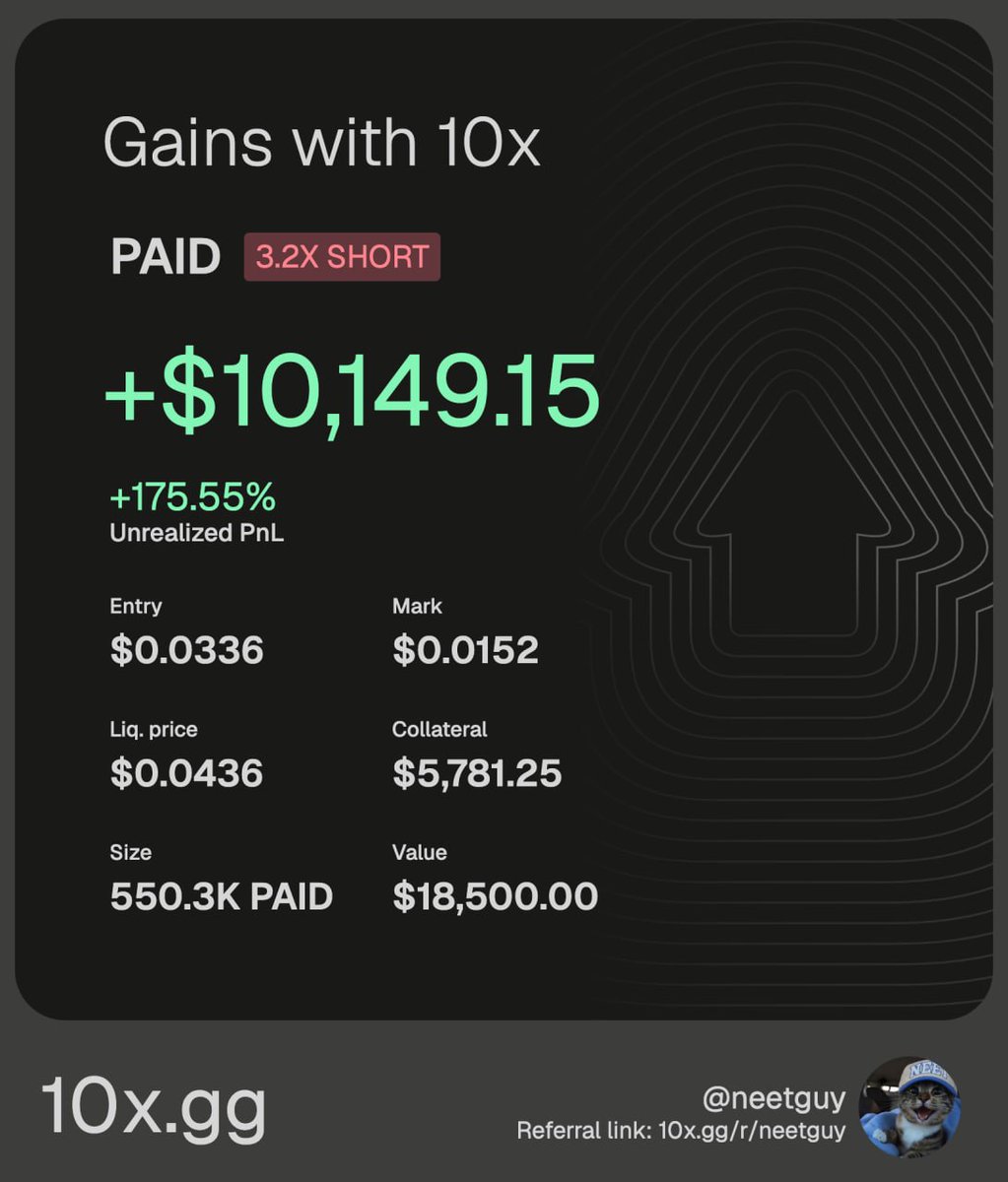 theneetguy's tweet photo. whenever i want to short or long something on chain, i just tell @try10x to list it and they do it under 30 minutes.

any assets on any chain.

 and i just use my solana:Ce2gx9KGXJ6C9Mp5b5x1sn9Mg87JwEbrQby4Zqo3pump as my collateral 

i wrote about opportunity cost of holding memecoins but this allows to use my neet to long or short anything

even though oi is capped and its still in beta i am having fun playing with it.

give it a try: https://t.co/BLtAMBArYO 

also significant announcement b/w solana:Ce2gx9KGXJ6C9Mp5b5x1sn9Mg87JwEbrQby4Zqo3pump and @try10x tomorrow. i will let them announce it 

nWo