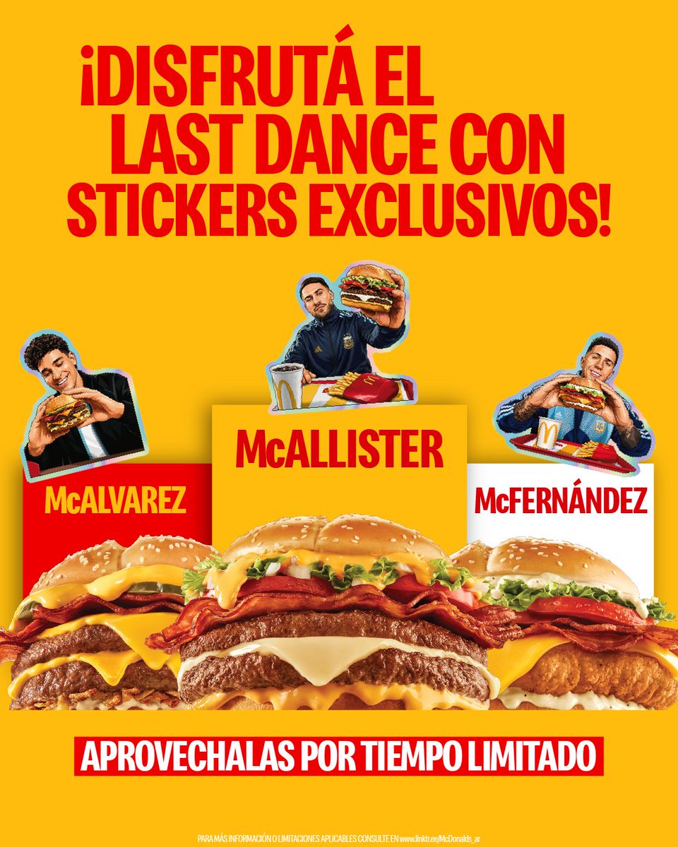 McDonalds_Ar's tweet photo. 100% real, podés volver a pedir tu McAllister, McAlvarez o McFernández y llevarte stickers exclusivos 😎 ¡Apurate que el last dance es por tiempo limitado! 🙌 https://t.co/67hlfNQ7Gb