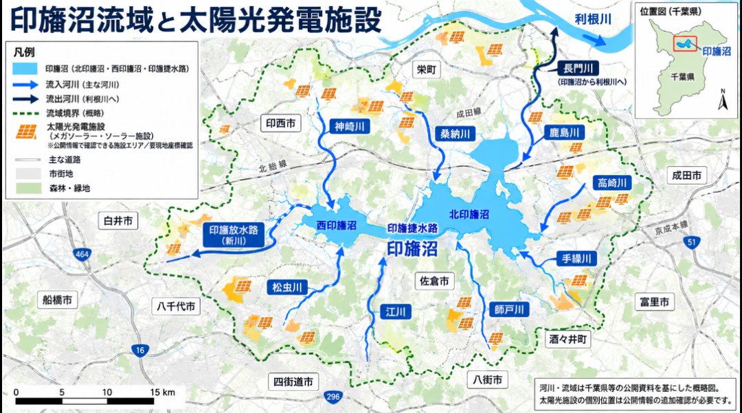 sshuuji2's tweet photo. @momotro018 すり鉢のような地形の谷底にあたる印旛沼。そこに流れ込む河川流域の森林を伐採してメガソーラーなんか造ったらダメに決まってる。 https://t.co/NX9aKRO5gm