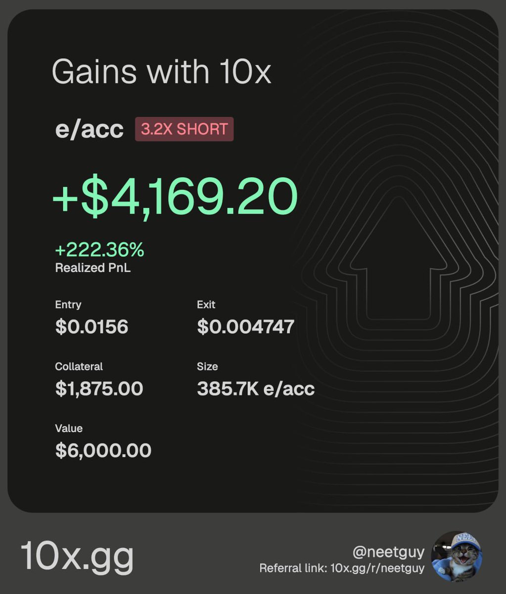 theneetguy's tweet photo. whenever i want to short or long something on chain, i just tell @try10x to list it and they do it under 30 minutes.

any assets on any chain.

 and i just use my solana:Ce2gx9KGXJ6C9Mp5b5x1sn9Mg87JwEbrQby4Zqo3pump as my collateral 

i wrote about opportunity cost of holding memecoins but this allows to use my neet to long or short anything

even though oi is capped and its still in beta i am having fun playing with it.

give it a try: https://t.co/BLtAMBArYO 

also significant announcement b/w solana:Ce2gx9KGXJ6C9Mp5b5x1sn9Mg87JwEbrQby4Zqo3pump and @try10x tomorrow. i will let them announce it 

nWo