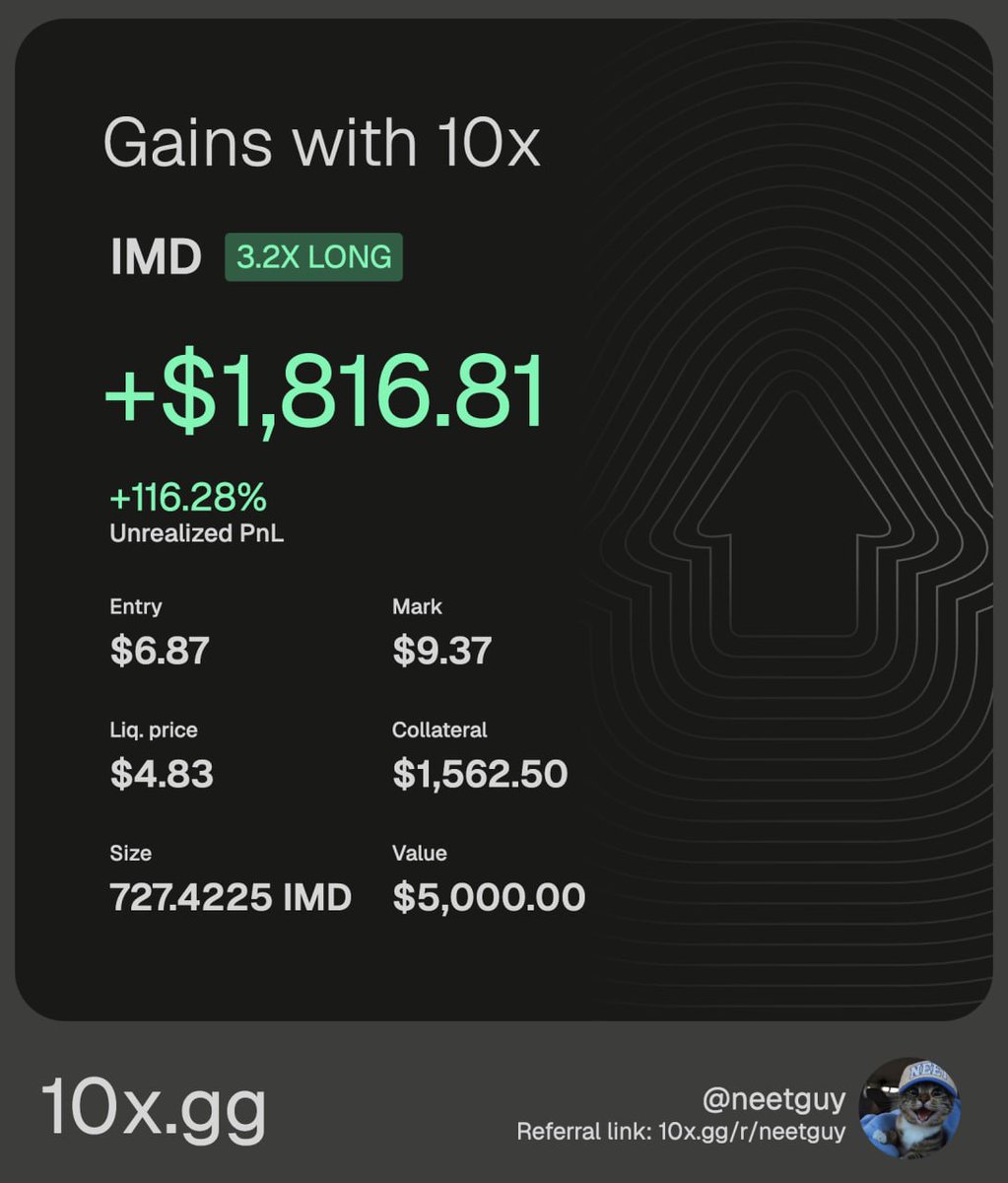 theneetguy's tweet photo. whenever i want to short or long something on chain, i just tell @try10x to list it and they do it under 30 minutes.

any assets on any chain.

 and i just use my solana:Ce2gx9KGXJ6C9Mp5b5x1sn9Mg87JwEbrQby4Zqo3pump as my collateral 

i wrote about opportunity cost of holding memecoins but this allows to use my neet to long or short anything

even though oi is capped and its still in beta i am having fun playing with it.

give it a try: https://t.co/BLtAMBArYO 

also significant announcement b/w solana:Ce2gx9KGXJ6C9Mp5b5x1sn9Mg87JwEbrQby4Zqo3pump and @try10x tomorrow. i will let them announce it 

nWo