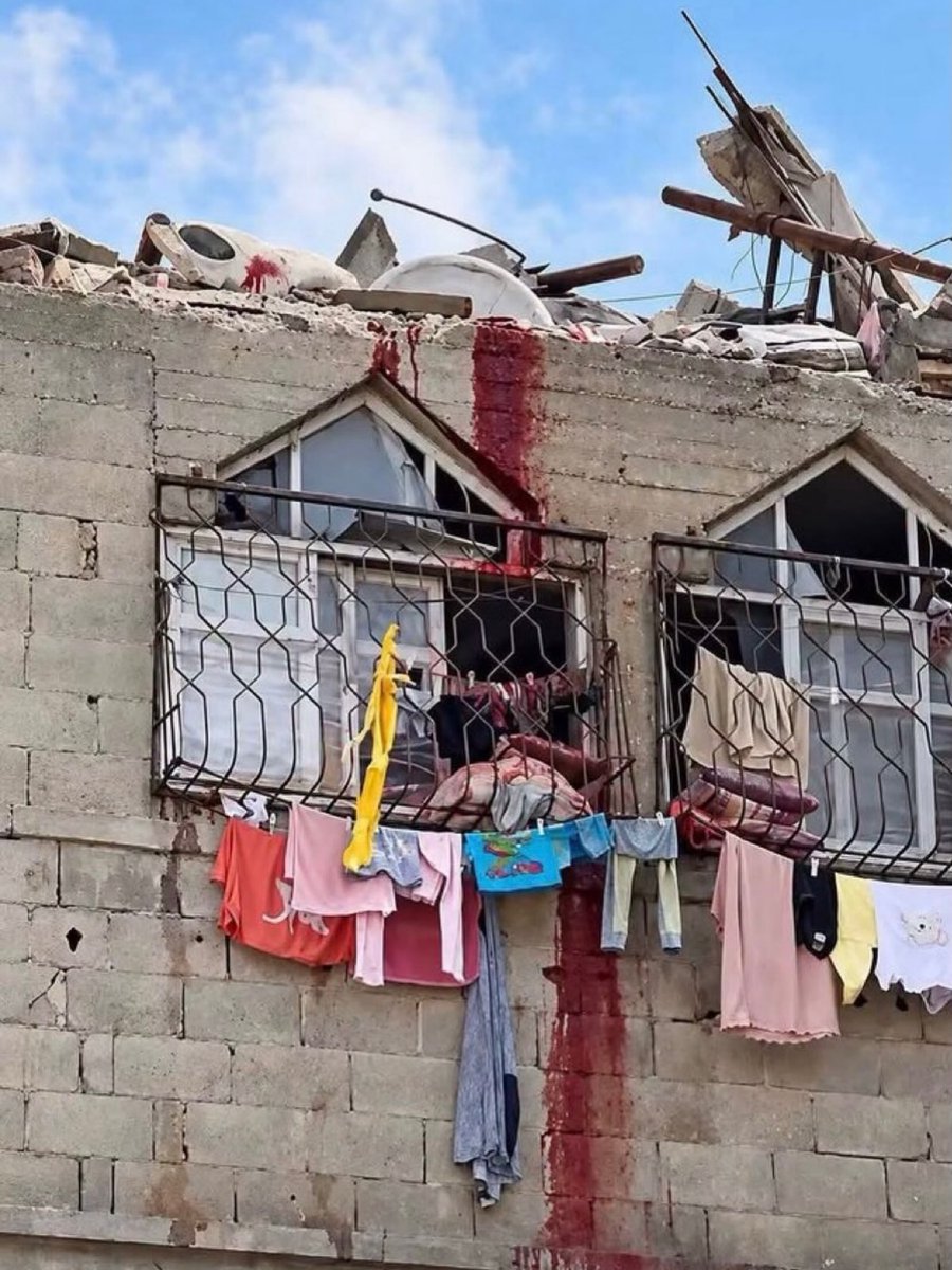 WearThePeaceCo's tweet photo. Today, a Palestinian pregnant woman, Amal Al-Ajla, was murdered while she was on the rooftop of her home in the Al-Tuffah neighborhood of Gaza City. The Israeli occupation struck the rooftop where she and her husband were standing, killing her instantly and critically injuring her husband. 

This is an image of their blood spilling down the home where they wished to create memories together with their new child, even amidst a genocide.