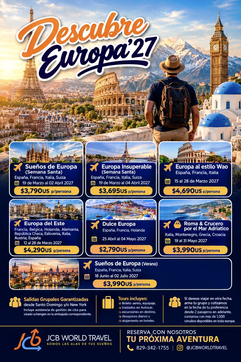 jcbworldtravel's tweet photo. Hay destinos que se conocen… y otros que se quedan para siempre en el corazón ❤️ Este 2027, haz realidad ese viaje que tantas veces has imaginado: caminar por las calles de París, descubrir la historia de Roma, admirar los paisajes de Suiza, vivir la magia de España y mucho más. https://t.co/Yz1jB2ZKVO