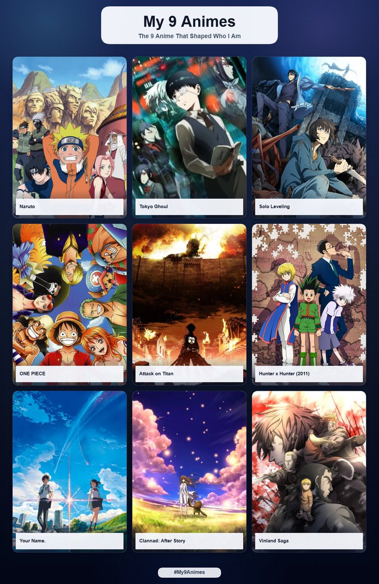 Embursidy's tweet photo. Me and my 9 animes that all changed my life https://t.co/g5z1R36vNY