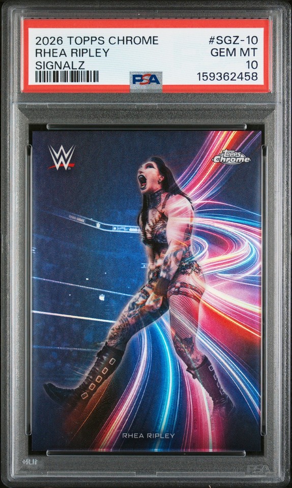 thesethguycards's tweet photo. From the PSA Vault. Topps Chrome Signalz in a PSA 10.
2026 TOPPS CHROME WWE SIGNALZ #SGZ-10 RHEA RIPLEY PSA 10
$599.99
https://t.co/A7WkWQksCr
#PSA10 #ToppsChrome #TheHobby https://t.co/42WzWbxUe5