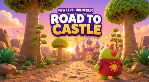 Promotional artwork for "Road to Castle" showing a yellow chick in a red cloak standing before a fantasy castle at sunset with text "NEW LEVEL UNLOCKED!".