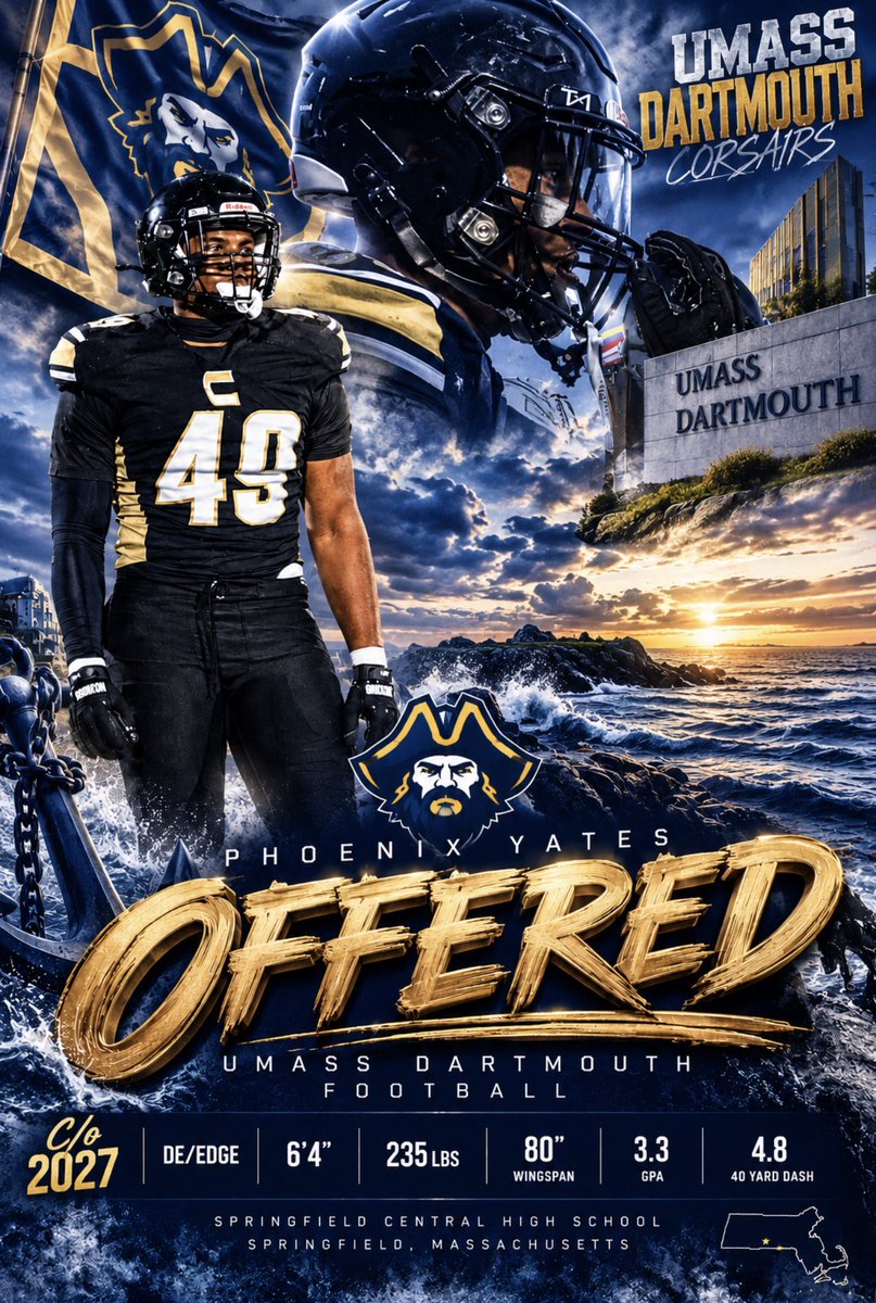 PhoenixYates49's tweet photo. Blessed to receive my 2nd offer from UMass Dartmouth!!  @CorsairFootball @UMassD 
@CoachMartinESA @ValdamarTBrower
@CDenson99 @jackcaseysr
@CentralFB413 @NE6FB_Recruits @ScoutingNE @ESAofMass
@JuiceWa45 @ESAofNewEngland
@Watson_718 https://t.co/yWOSIyNhqd