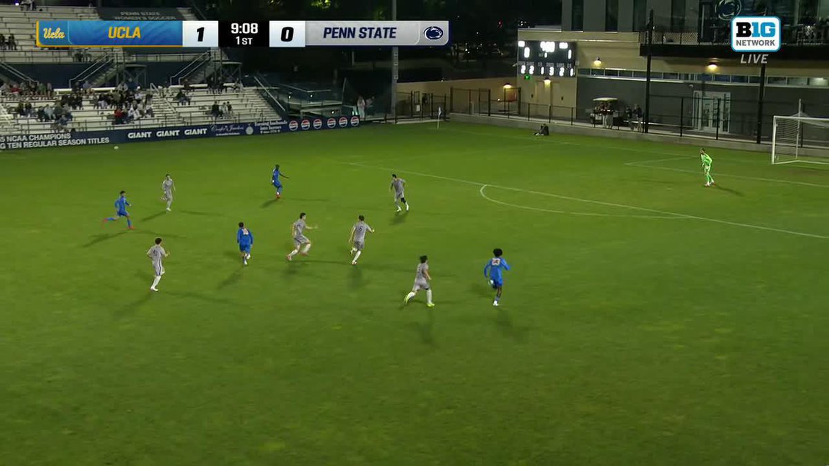 Image 2: A live soccer broadcast on Big Ten Network showing UCLA leading Penn State 1-0 with 9:08 remaining in the 1st half, with players from both teams visible on the field.