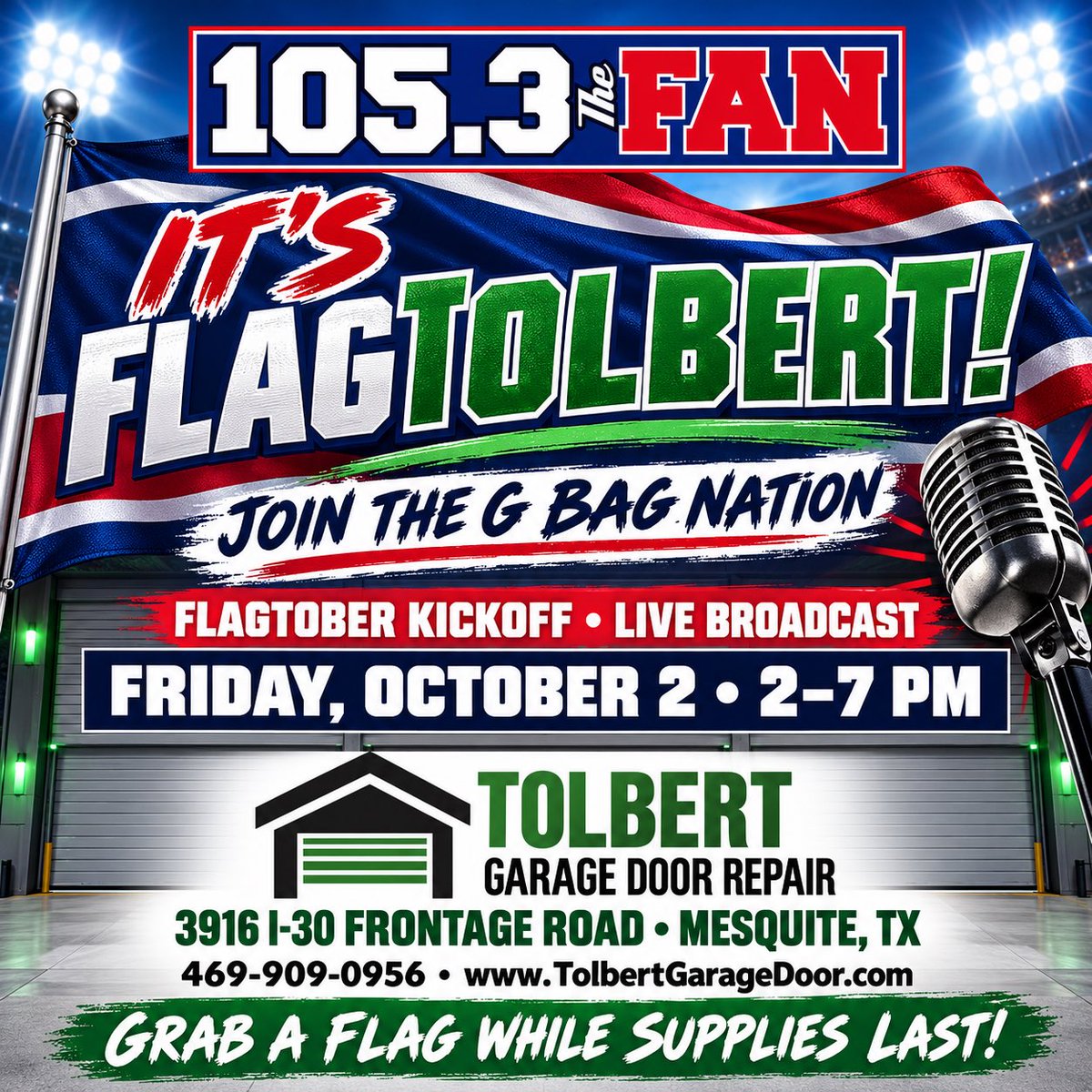 DoorTolbert's tweet photo. 🇺🇸🔥 TOLO NATION!!! It’s going to be a GOOD TIME with your boys from @1053thefan - @gbagnation as we kick off FlagTolbert with the official 2026 flag release!!

See you TOLOS this Friday from 2–7 PM at Tolbert Garage Door in Mesquite! LET’S GO!!! 🇺🇸🏈🔥 https://t.co/5UzLKyWKSE