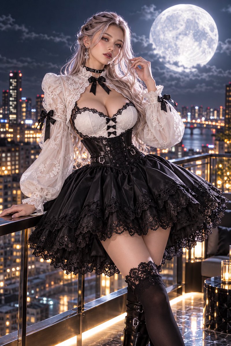SELENE_AI926's tweet photo. 「今日は、少し違う世界へ。」

アリス服飾店さん（@AliceLavli）公開のPromptを
SELENEで試してみました。

SELENEの固定設定に合わせて
髪・顔・メイクなど一部をアレンジしています。

SELENE🌙
「ゴシックロリータの私、どう？
こういう甘さも……たまには悪くないかもね。」

#AI画像 #AIモデル #生成AI #AI���ラスト #プロンプト #ゴシックロリータ #SELENE