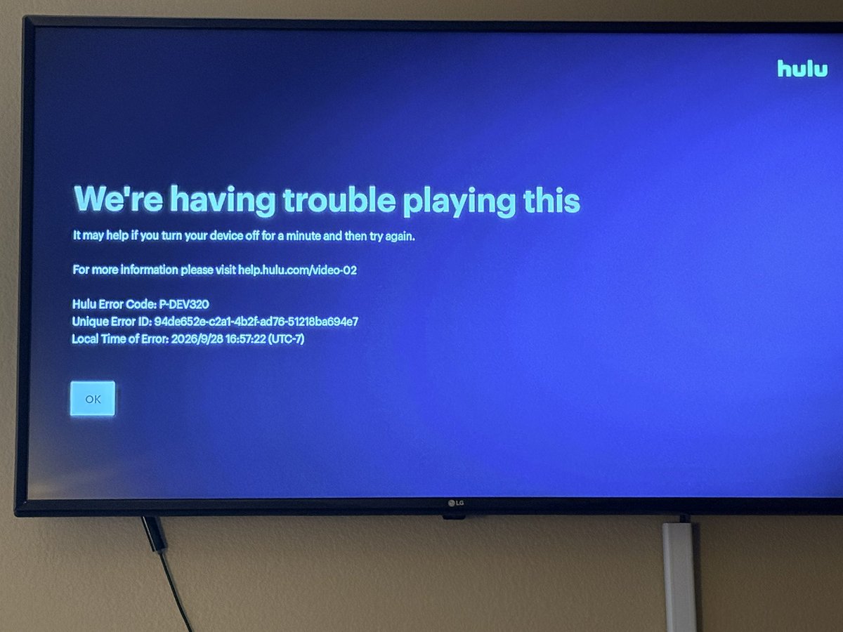 red_state_dream's tweet photo. @hulu i’ve been trying for five fucking days to watch Chad Powers. I get this every single time. Hulu is garbage.  don’t waste your money. https://t.co/tTKzTRh98C