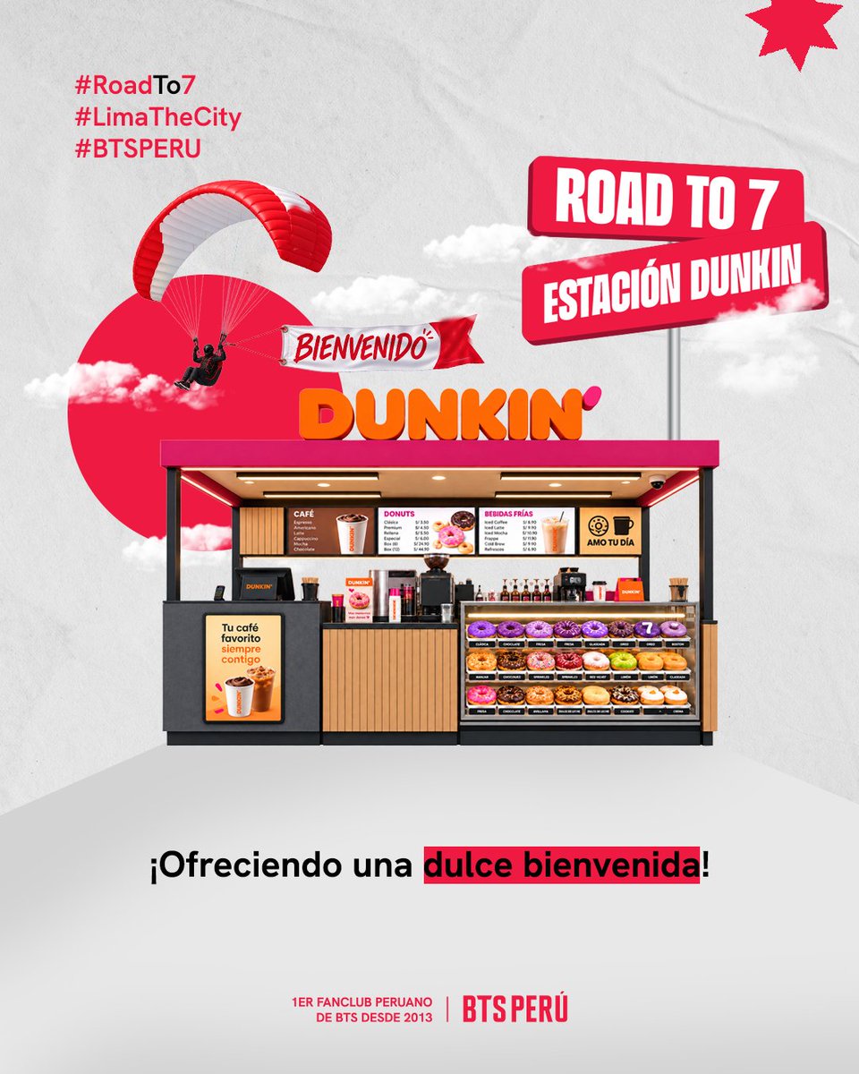 bts_peru1's tweet photo. ¡Dunkin' se une al ROAD TO 7! 💜🪂

Llega con una bienvenida espectacular sobre la Costa Verde. Acompáñanos a presenciar el paso del parapente con el cartel de bienvenida de este gran proyecto.

📅 Día: 8 de octubre
🕦 Hora: 12:00 P.M.
📍 Lugar: Miraflores, Costa Verde

💜 VEN Y VIVE LA EXPERIENCIA🥳

#RoadTo7 #DunkinPeru #BTSPeru #LimaTheCity