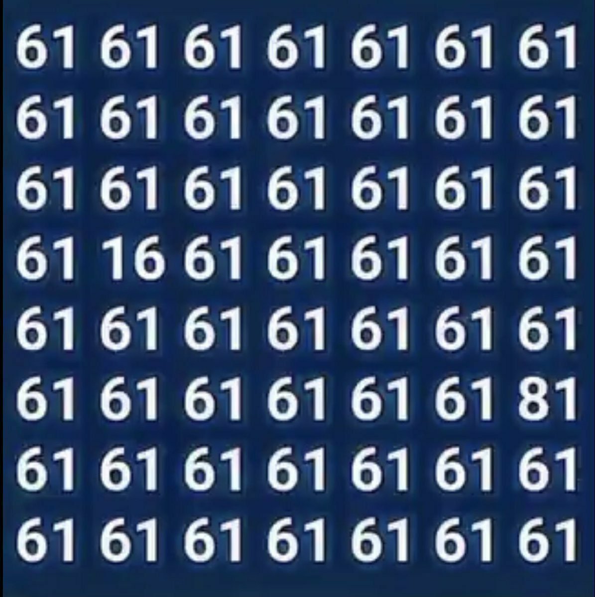 L8l1l8l2's tweet photo. فحص العين 👀

ما هو العدد المختلف عن 61؟ 🤔 https://t.co/74Fd4iK0Vg