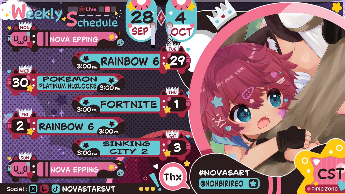 NovaStarsVT's tweet photo. ✨Nova's Stream schedule✨
✨SEP 28 - OCT 4✨
🎨 Art : @/nonbirireo https://t.co/JuMVs9G0Mp