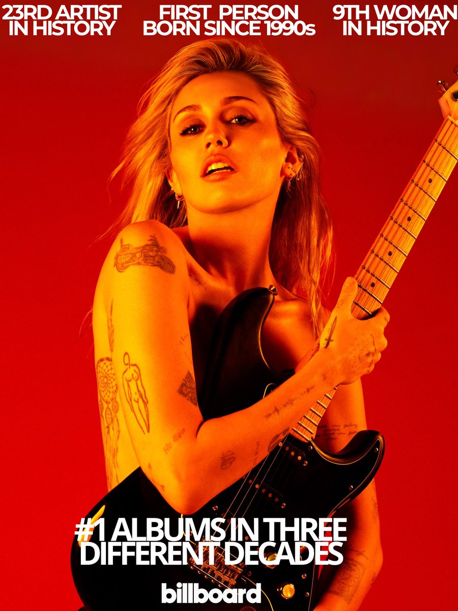 MileyCyrusBz's tweet photo. MILEY MAKES BILLBOARD HISTORY WITH #1 ALBUMS IN THREE DECADES. https://t.co/7a8iVwfTI6