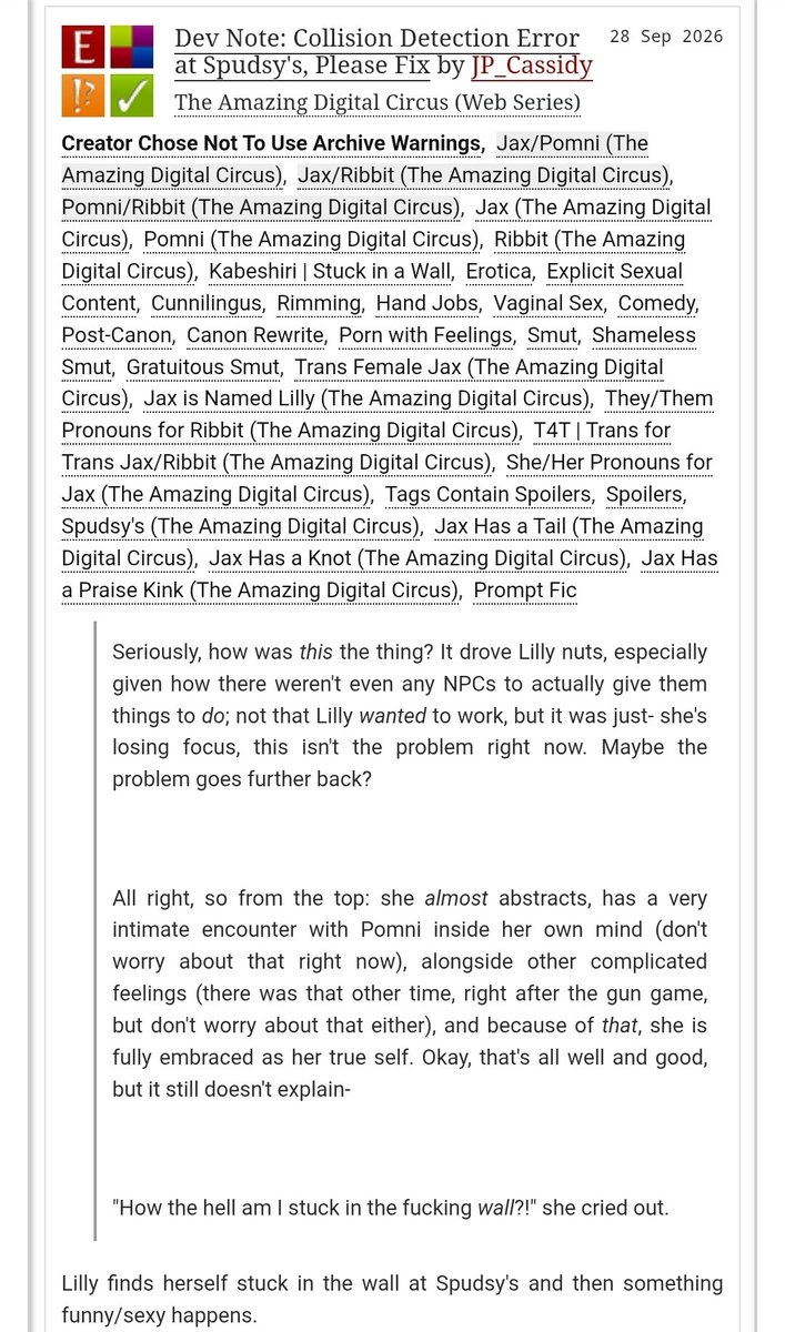 JapesCassidy's tweet photo. All right so I'm responding to this with my contribution. So blame (thank?) @AmphithereLove for this #TADC #genitalcircus smut fic about being stuck in a wall.

https://t.co/khMrJd7EZg

WARNING: EXPLICIT, DO NOT READ IF YOU DON'T WANNA READ EROTICA

#funnybunny #ribbitrabbit https://t.co/yp28r1N9d4