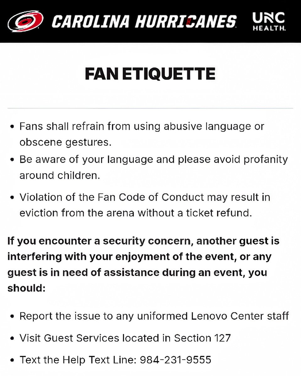 CanesHockeyAC's tweet photo. The @Canes have officially banned cursing at the @LenovoCenter for the 2026-27 season. Any fan who curses in front of children will now be evicted from the arena. Cursing has not place in the game of hockey. #CarolinaCulture

https://t.co/UmunrB0Zxd https://t.co/8ubPWnWnZR