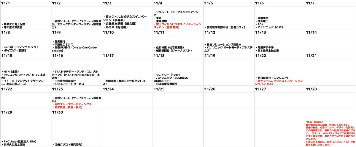 syukatsukame's tweet photo. 9/29更新
【28卒：秋冬インターン・本選考締切カレンダー】

12月までの締切まとめました。
昨日は13社情報解禁しています。恐らく10/1にも大量解禁すると思うので、28卒の就活生は一気に忙しくなると思います。

直前になってからESを書き始めると、締切が重なって間に合いません。
特に10月は秋冬インターン・本選考の締切がかなり集中するので、今のうちから企業研究・ES対策を進めていきましょう。
以下のイベントは企業研究が一気に進むイベントなので、大手志望の就活生は絶対参加しよう。

①type就活フェア

参加企業：アクセンチュア、博報堂、P&Gジャパン、資生堂、三菱UFJ銀行三井住友信託銀行、など

📍参加申し込���（先着順です）
https://t.co/6IYZwXqRWa

②ワンキャリオンライン合説

参加企業：日立製作所、ネスレ日本、コーセー、カルビー、サイバーエージェント、ANA、JAL、アクセンチュア、アビームコンサルティング、東京海上日動など

📍参加申し込み（参加には事前申し込みは必要）
https://t.co/bmCsAg2KDY

#pr