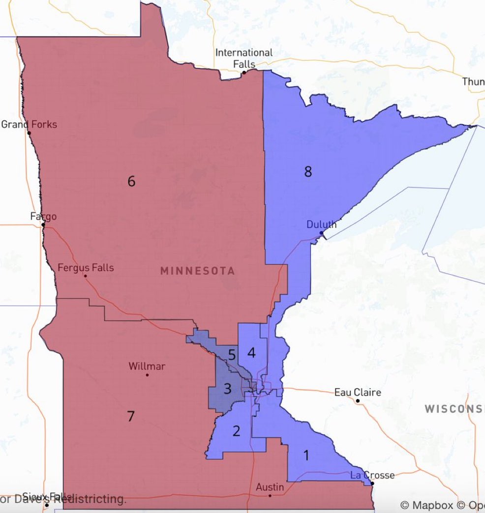 davidslosttt's tweet photo. If the Democrats win trifecta control of Minnesota, they can EASILY draw a safe 6D-2R Klobmander https://t.co/xa9pvZ6q1O