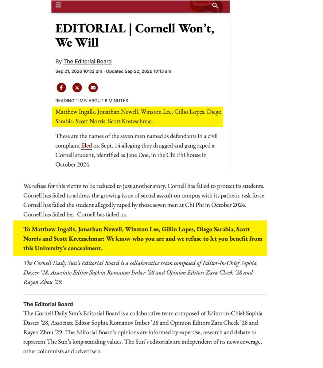 mtracey's tweet photo. Let's see if anyone has the "balls" to name this Jane Doe so we can all evaluate her veracity, and that of her lawyers, since her lawsuit didn't hesitate to name &amp; shame 7 of her peers as gang-rapists. And neither did this melodramatic editorial in the Cornell student newspaper https://t.co/xbq3z1yVaa