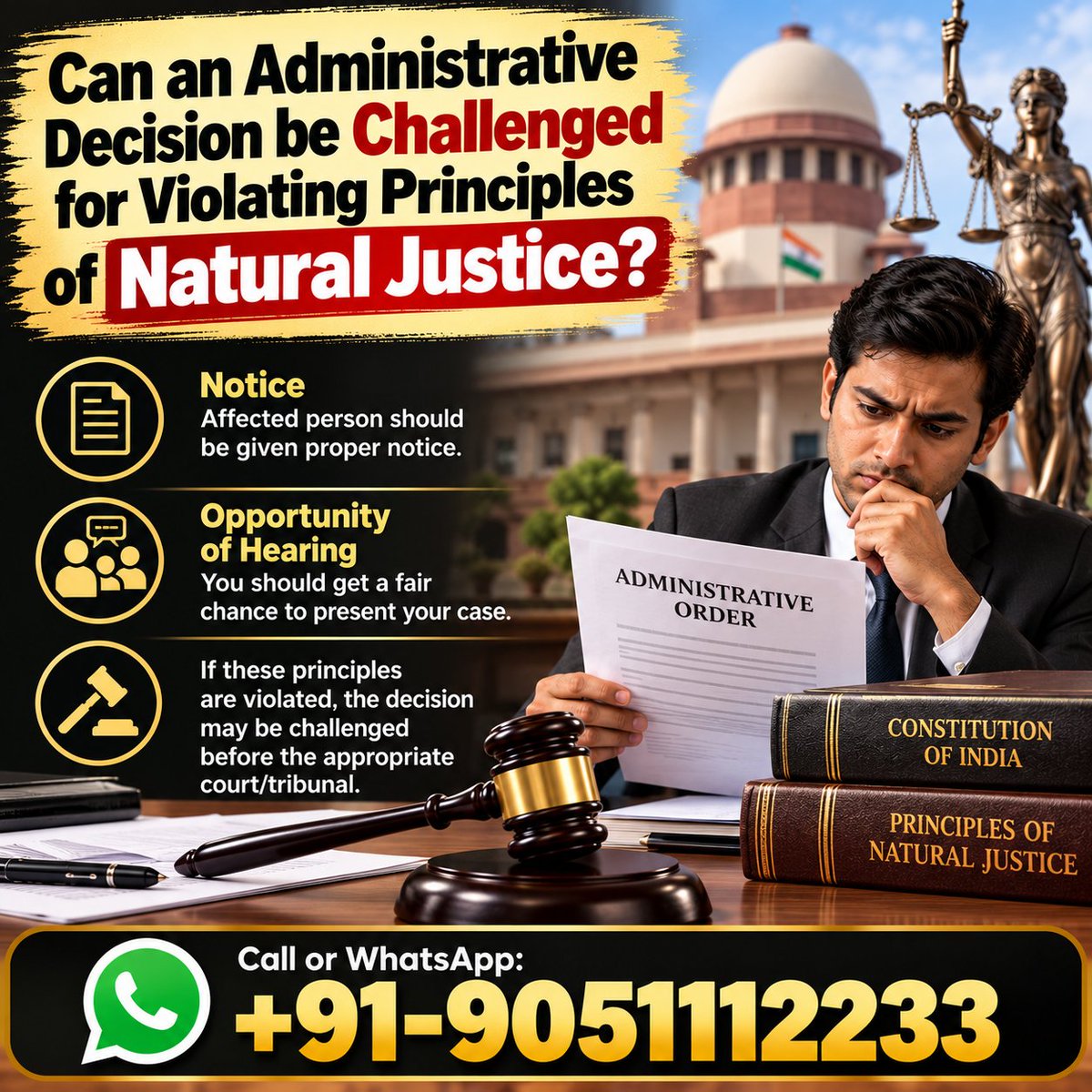 drakmphd's tweet photo. Can a person challenge an administrative decision for violating principles of natural justice?
Call or WhatsApp: +91-9051112233   
#ConstitutionalLaw #NaturalJustice #AdministrativeLaw https://t.co/2ah2mzTzGh