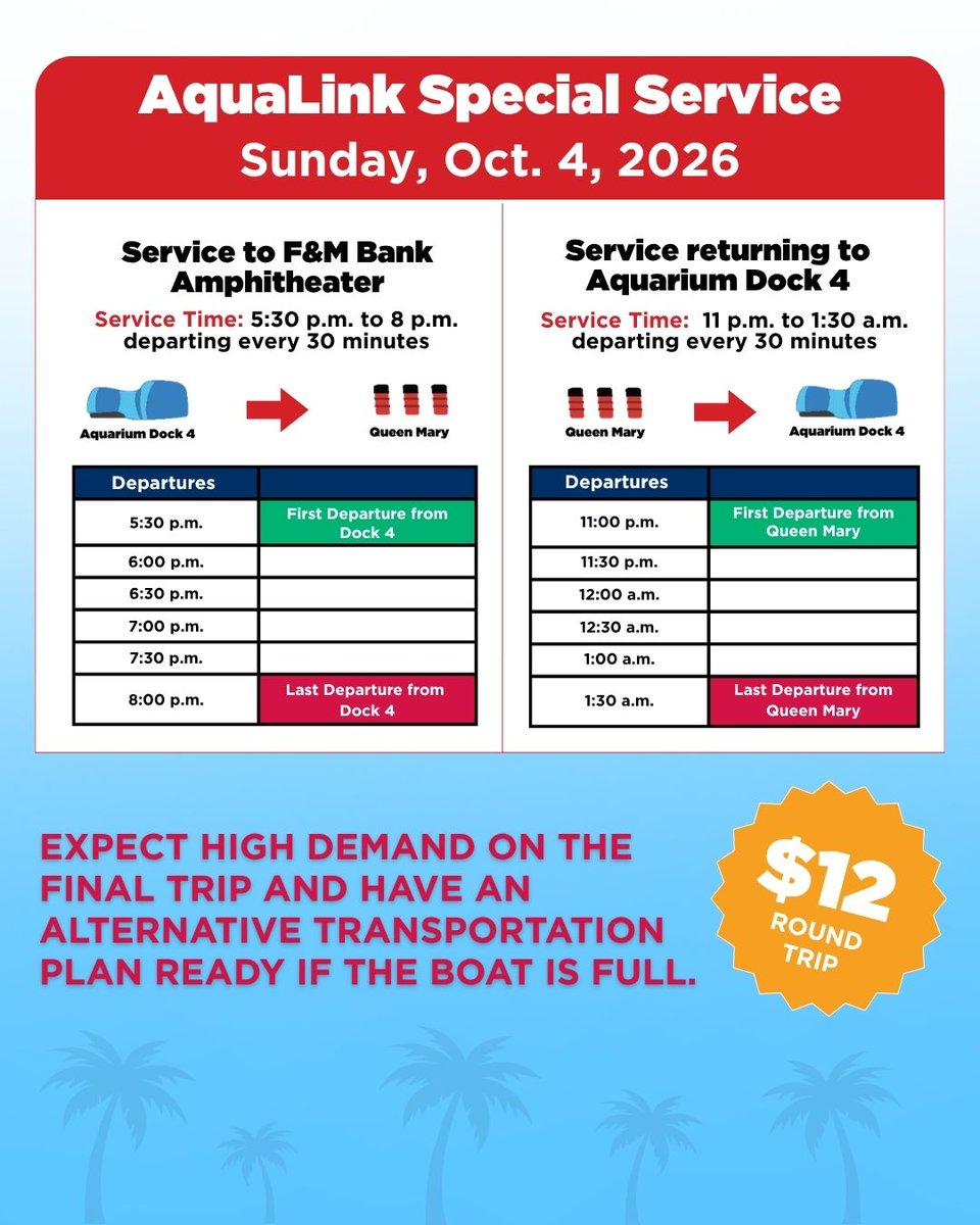 lbtransit's tweet photo. Heading to @FMBAmp on Sunday, Oct. 4? Leave the traffic behind &amp; take LBT’s AquaLink!

Enjoy special AquaLink service between Aquarium Dock 4 &amp; the Queen Mary, with departures every 30 minutes before the show &amp; return trips after the event.

Learn more at https://t.co/yxhEXAa77U. https://t.co/0VLM8ZSpm3