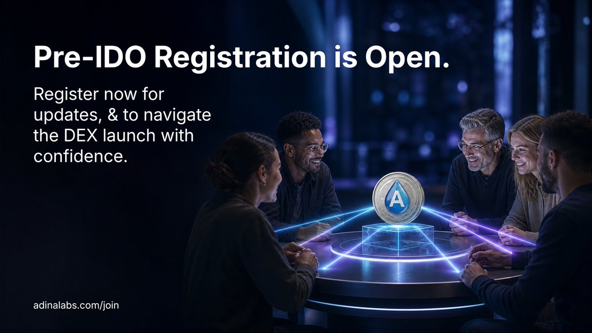 adinalabs's tweet photo. The $ADINA Token launches in March 2027, and everyone gets access at the same time.

$ADINA goes live through our Initial DEX Offering (IDO), run as a Fair Launch. No early access, no pre-sale tiers. The token becomes available to the whole community at the same moment.

Register for the IDO and you'll get:
✔️ The confirmed launch date, first
✔️ A step-by-step guide to getting ready so you can take part on launch day
✔️ Platform updates as they happen

Registration is free. It's the easiest way to stay informed, be prepared, and be part of the community from day one.

🔗 Register now: https://t.co/GkOLewnLrm

#AdinaLabs #ADINA #IDO #FairLaunch #Web3 #TokenLaunch #Web3Community #Blockchain