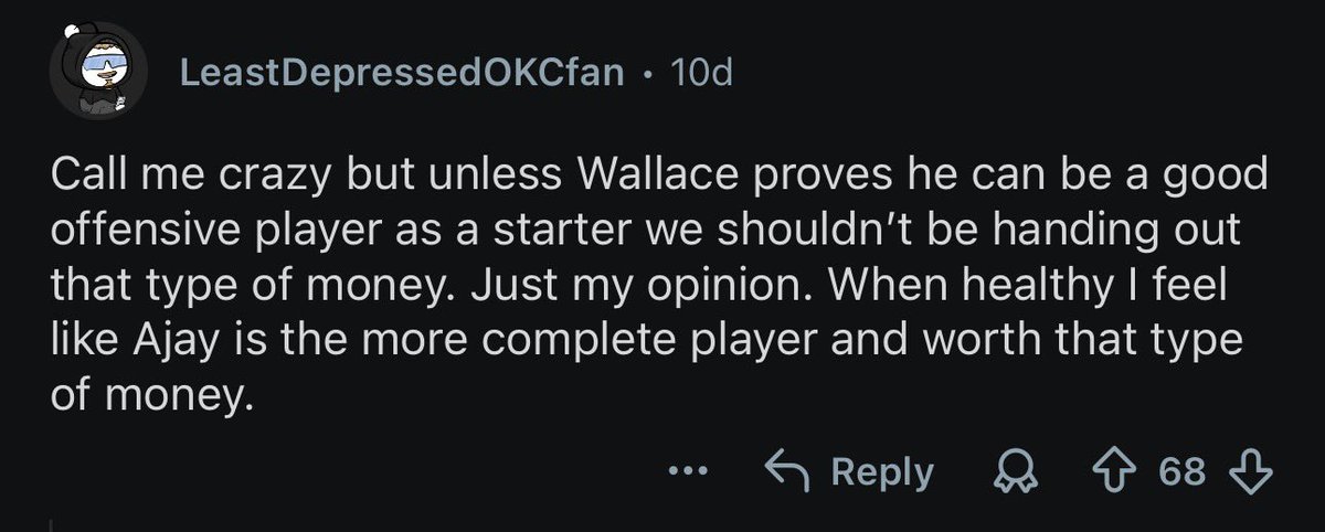APH00PS's tweet photo. There’s always a dollar figure that’s too rich. OKC is pressed up against the second apron as is with Gilgeous-Alexander, Williams and Holmgren.

These are from OKC fans discussing Wallace after Keyonte George got his 5-year, $157.5 million extension. https://t.co/yCrun6Xrjm