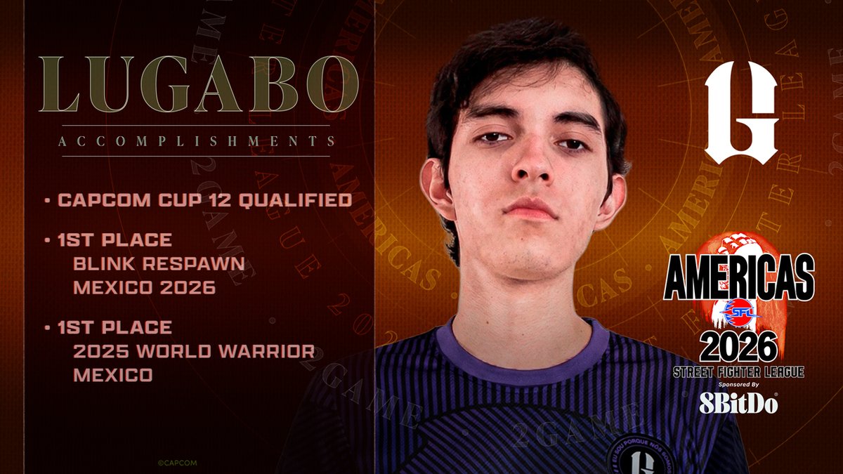 CapcomFighters's tweet photo. .@LUGABO123 joins the @2GAMEFGC lineup.

He's ready for his #SFLAMERICAS2026 debut.

Season one. Day one, on October 23. https://t.co/4G6SBWc6xm