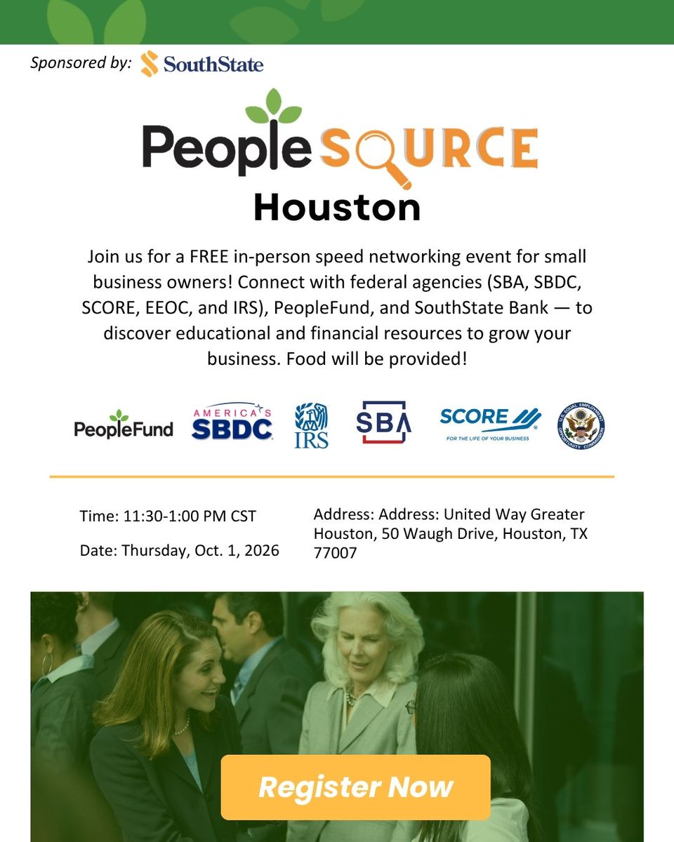 PeopleFund's tweet photo. There's still time to register for PeopleSource Houston this Thursday! Join us for FREE networking with SBA, SBDC, SCORE, EEOC, IRS, PeopleFund, SouthState Bank, plus food! 🍽️
Register: https://t.co/H9Bq5zlPnA
#PeopleSource #SmallBusiness #Networking #PeopleFund https://t.co/Zoaj9MCunv