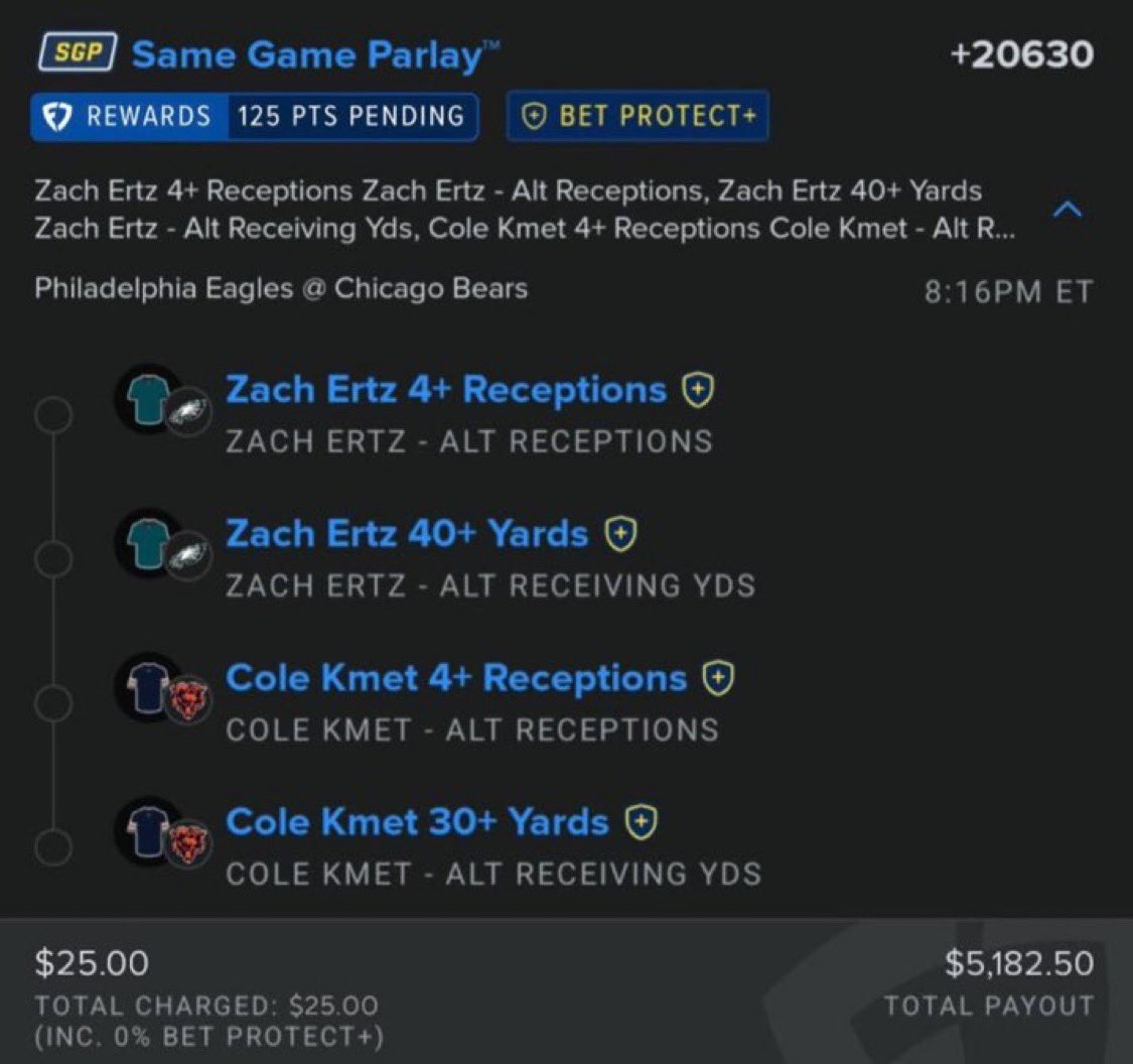 Ryhamvnkx's tweet photo. They said +20630 was impossible. 🥶
Ertz &amp; Kmet proved 'em wrong

$25 ➡️ $5,182.50 💵

@Playbook https://t.co/Fpfh3x0Vmp