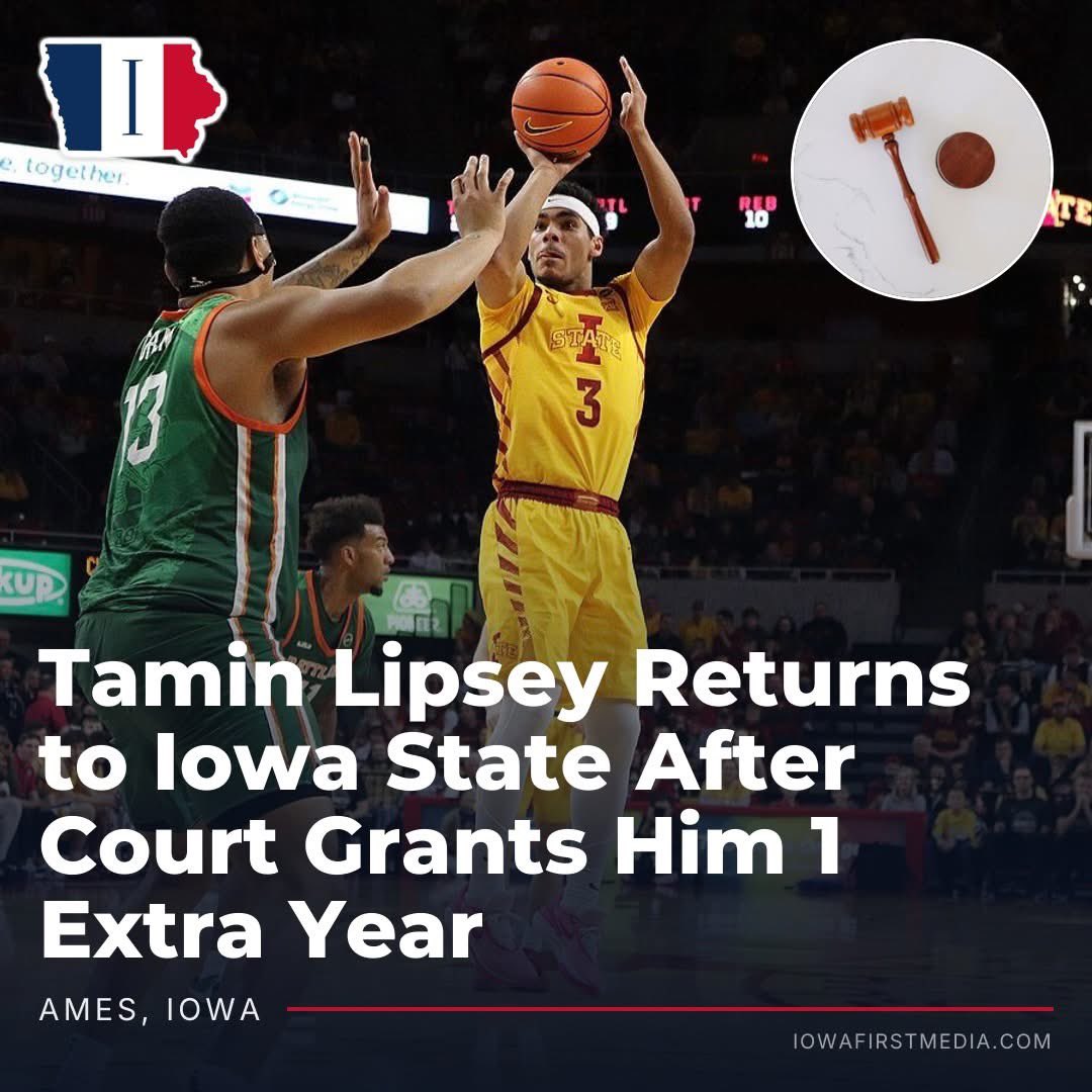 IowaFirstMedia's tweet photo. AMES, Iowa – Star point guard Tamin Lipsey is back on Iowa State’s roster after a judge told the NCAA it could not cut the 2022 high school class out of a 5th year. 

The NCAA spent the summer selling a new “5-for-5” clock, which is 5 seasons in 5 years, starting at high school graduation or age 19. Then, it left the kids who already used 4 years on the old rules outside that window. Lipsey and about 90 other athletes sued in Monroe County Circuit Court in Indiana in the Daley case. 

In the meantime, Lipsey went undrafted, played 2 Pacers Summer League games, tore up his knee, and never executed the Exhibit 10 deal. On September 23, Judge Kara Krothe issued a preliminary injunction and a temporary restraining order. The order blocked the NCAA from using the new clock or any professionalism rule to keep those players off the floor in 2026-27, as long as they drop leftover pro contracts and repay what they took. 

Iowa State announced his return Monday, and #3 is hanging in the locker room again. Lipsey is a 3-time All-Big 12 pick, 3-time All-Defensive selection, and a 2024 AP honorable mention All-American. He is Iowa State’s career steals leader with 314, 4th in assists with 602, and last season, he averaged 13.5 points, 5.1 assists, and 2.3 steals on a Sweet 16 team. 

He is the first player in Big 12 history to hit 1,500 points, 600 assists, 500 rebounds, and 300 steals. Killyan Toure is out with a shoulder until January, so the spot is now filled by a kid who is arguably more well-rounded and impactful. 4 years was never going to be enough for a hometown kid this good.

Business inquiries, corrections, story leads, or contributor requests? Email us at newsroom@iowafirstmedia.com.

Photo: Jar-Lar via Wikimedia Commons