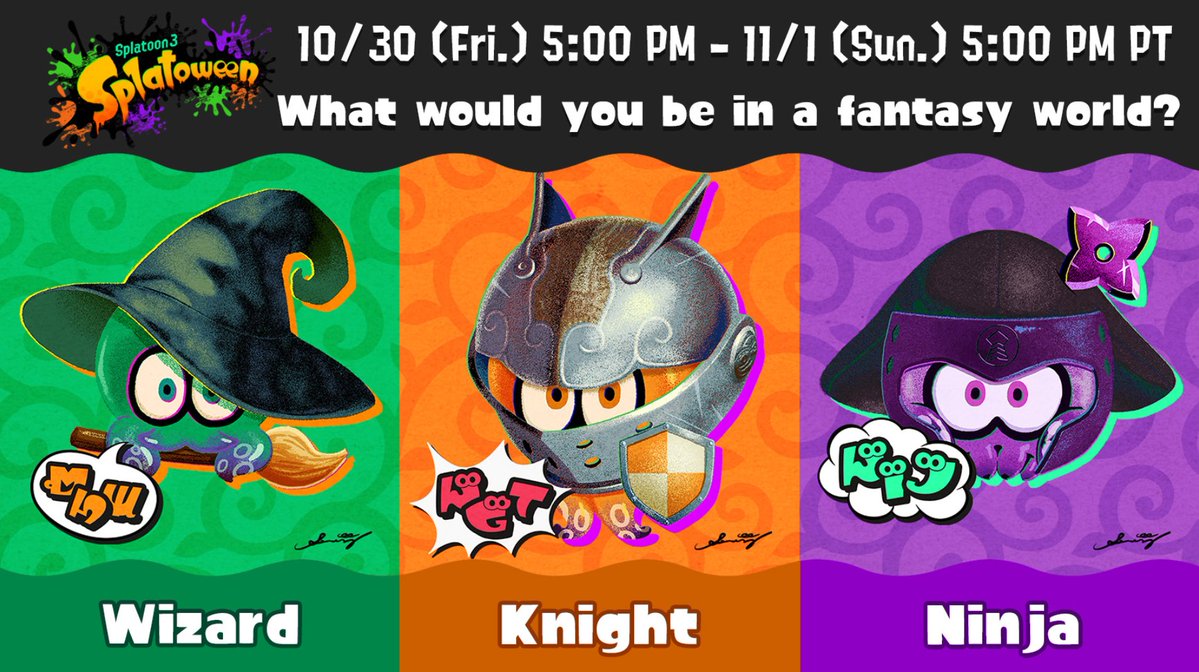 SplatoonNA's tweet photo. Fall time is here, and with it comes a Splatoween celebration!

This year's question is "What would you be in a fantasy world?", a Wizard, a Knight, or a Ninja?

This Splatfest event takes place from Oct 30 at 5pm PT to Nov 1 5pm PT, see you there! https://t.co/YMbXV0jfYC