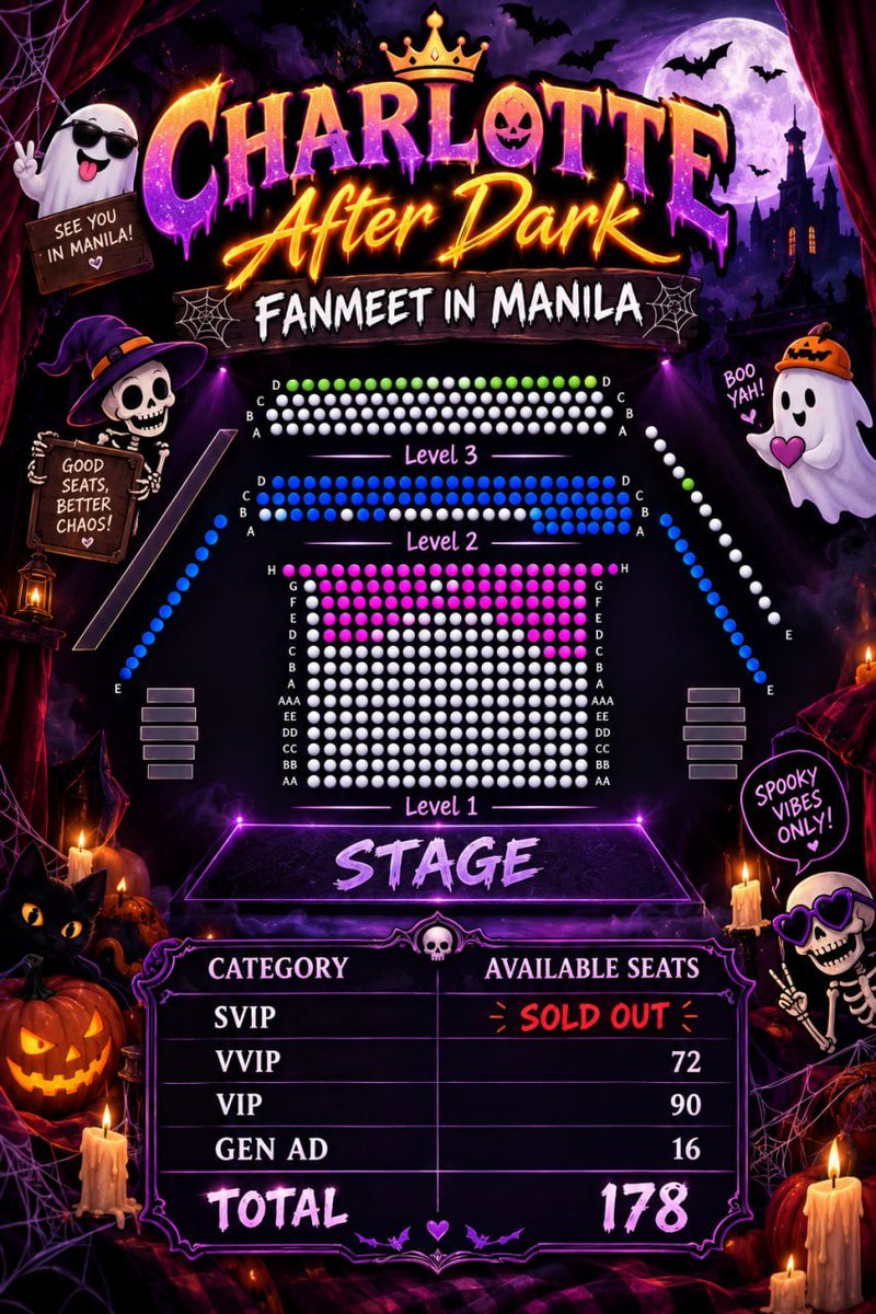 Englotspaceph's tweet photo. ▪️▫️▪️Ticket Update: 9/29/26▪️▫️▪️

🚨 MANILA, THE NIGHT IS CALLING! 🎃🔥

Manila, let's make Charlotte After Dark a night to remember! With SVIP SOLD OUT, the excitement is building, and we're ready to make even more memories with Charlotte Austin! 🔥

Let's turn our love into action! Share the event, invite your friends, and grab your tickets. Every bit of support counts! 🇵🇭💖

🎃🖤 Available Seat :

🎟️ SVIP — SOLD OUT
🎟️ VVIP — 72
🎟️ VIP — 90
🎟️ Gen Ad — 16

✨ TOTAL: 178 seats remaining!

🎫 https://t.co/SbtHRVh0hX…

The countdown is getting shorter, but there's still time to make this night even more special! 🎃 Let's continue sharing, inviting friends, and encouraging everyone to join us for Charlotte After Dark.

Together, we can make it unforgettable!

Please note: This is an unofficial count based on the available seating map as of today.

#CharlotteAustin #ชาล็อตออสติน #CharlotteAfterDark #CharlotteInManila
@itscharlotty @thentjprod