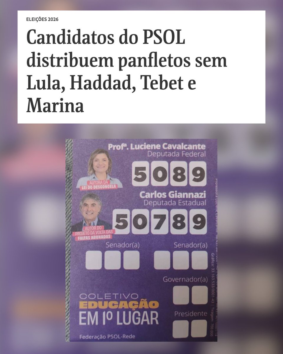 PCO29's tweet photo. O PSOL esconde o Lula no próprio santinho. Está na coligação do Lula, faz a campanha inteira pendurado na popularidade do presidente, posa de "frente ampla contra o fascismo"… e na hora de imprimir o panfleto, o quadradinho de Presidente sai em branco. Preenche aí você, eleitor.

É o PSOL de sempre: apoia até o capeta se render voto. Mas basta a direita crescer um pouco que o Lula vira peso morto e desaparece do material.

O PCO não se esconde quando o vento muda. Não vive de ONG, não negocia princípio por cadeira e diz o que pensa com a direita forte ou fraca.

Vote no Partido da Causa Operária. Vote 29.