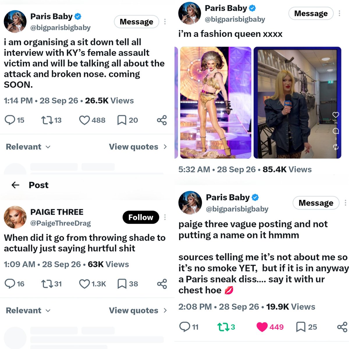 Drag_Crave_Poo's tweet photo. 🚨 Paris Baby has started a civil war within Drag Race UK in the past 24 hours:

• Paris is organizing an exposé involving KY’s alleged female assault victim 

• Paige 3 has been subtweeting Paris but won't tag her.

• Paris is dragging Jonbers Blonde, whose name was inspired by a murdered child JonBenét Ramsey & has no fashion.
