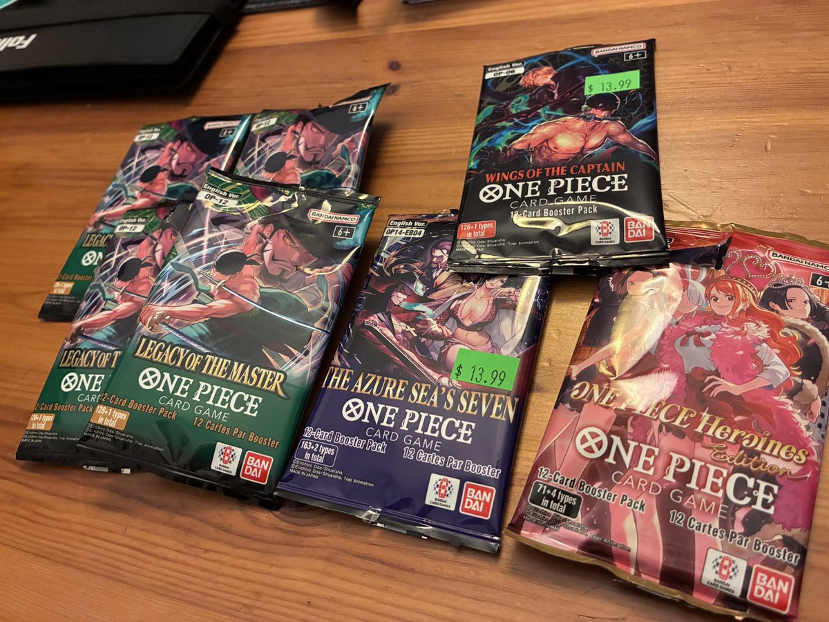 JPingOrochi's tweet photo. Bought 4 OP-12, 1 OP-06, 1 OP-14, and One Heroines Edition Pack. Didn’t pull anything crazy just glad to find some packs to open locally.  #optcg #onepiecetcg #onepieceheroines #boosterpacks @ONEPIECE_tcg_EN https://t.co/syEoaAlL6C
