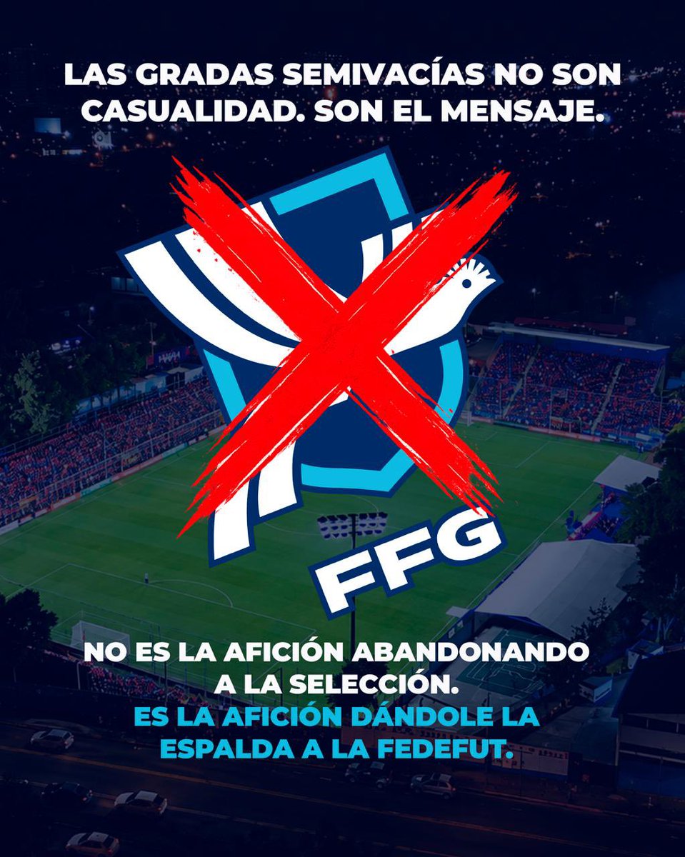 Elizabeth27gt's tweet photo. 🚨 LAS GRADAS SEMIVACÍAS NO SON CASUALIDAD. SON EL MENSAJE.

NO ES LA AFICIÓN ABANDONANDO A LA SELECCIÓN. ES LA AFICIÓN DÁNDOLE LA ESPALDA A LA FEDEFUT.

La afición guatemalteca ha estado SIEMPRE. Ha viajado, ha pagado precios altos, ha hecho filas durante días y ha apoyado incluso en los momentos más difíciles.

Pero también tiene un límite.

Hoy el mensaje es claro:

❌ Basta de censurar a la afición.
❌ Basta de bloquear comentarios y críticas.
❌ Basta de vetar o limitar a la prensa.
❌ Basta de precios que golpean al aficionado.
❌ Basta de un estadio que no está a la altura.
❌ Basta de improvisación y falta de un proyecto serio.

La Selección es de Guatemala. No de una Federación.

Hoy la afición no dejó de amar a su Selección. Hoy decidió no seguir avalando estas condiciones.

🇬🇹 EL SILENCIO DE LAS GRADAS TAMBIÉN HABLA.

#SeleMayor #Guatemala #Fedefut #BastaYa