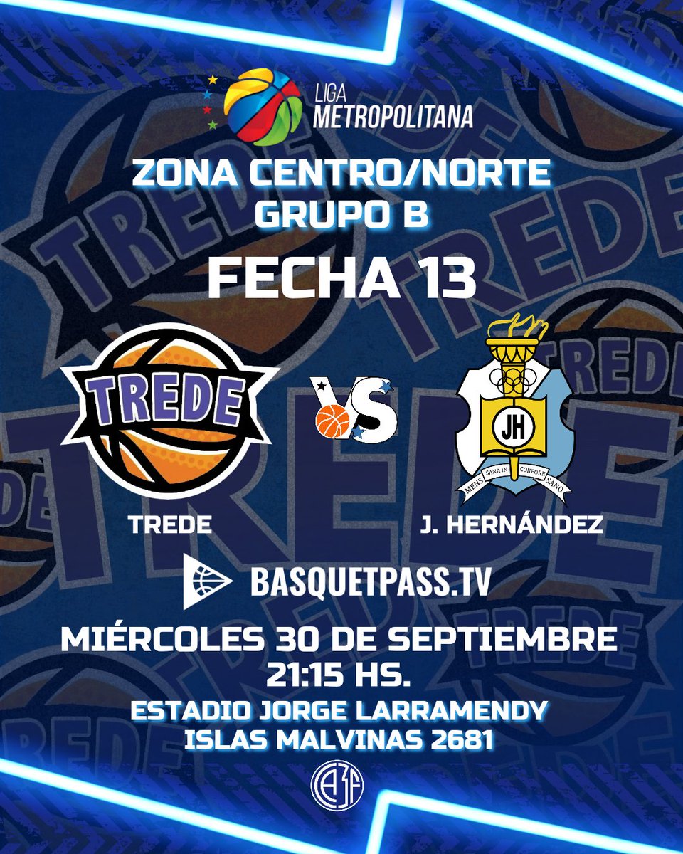 tredebasquetok's tweet photo. 🔜 PRÓXIMO PARTIDO
🏆 Liga Metropolitana
🆚️ J. Hernández
⚔️ Fecha 13
🗓 Miércoles 30/09
🕘 21:15 hs.
🏟 Estadio Jorge Larramendy
📍 Islas Malvinas 2681
🖥 @basquetpass_arg
¡VENÍ A ALENTAR AL TREDE! 💙🤍🏀
#SomosPasión #SomosFamilia #TredeBasquet #ORGULLODEPERTENECER #febamba https://t.co/TCUUHsuIUV