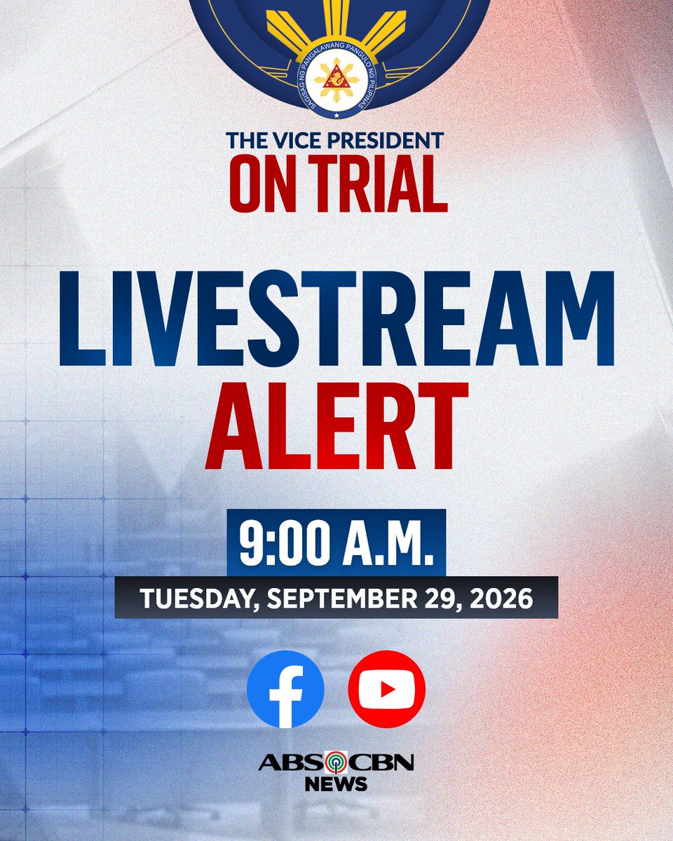 ABSCBNNews's tweet photo. Patuloy na babantayan ng ABS-CBN News ang mahahalagang pangyayari sa impeachment trial ni Vice President Sara Duterte ngayong Martes, September 29, 2026. #VPOnTrial
Nasa comments section ang livestream link https://t.co/ln7qwGTzS9