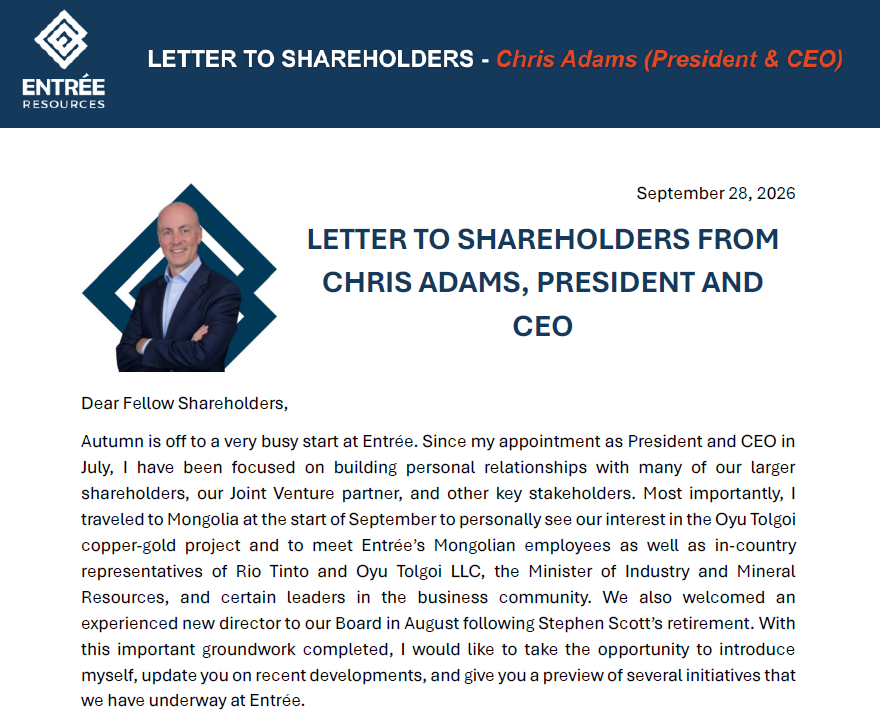 EntreeResource's tweet photo. Entree Resources: Letter to Shareholder from Chris Adams, President &amp; CEO
Read the full letter at: https://t.co/Y7RSsBABD0
$ETG.TO #EntreeResources #OyuTolgoi #copper #gold #mongolia https://t.co/EU9OBGbNtE